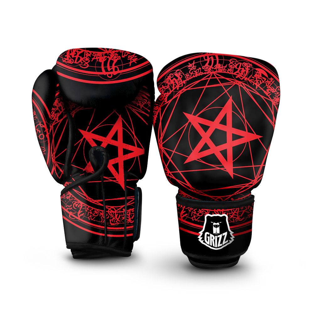 Satanic Pentagram Red And Black Print Boxing Gloves-grizzshop