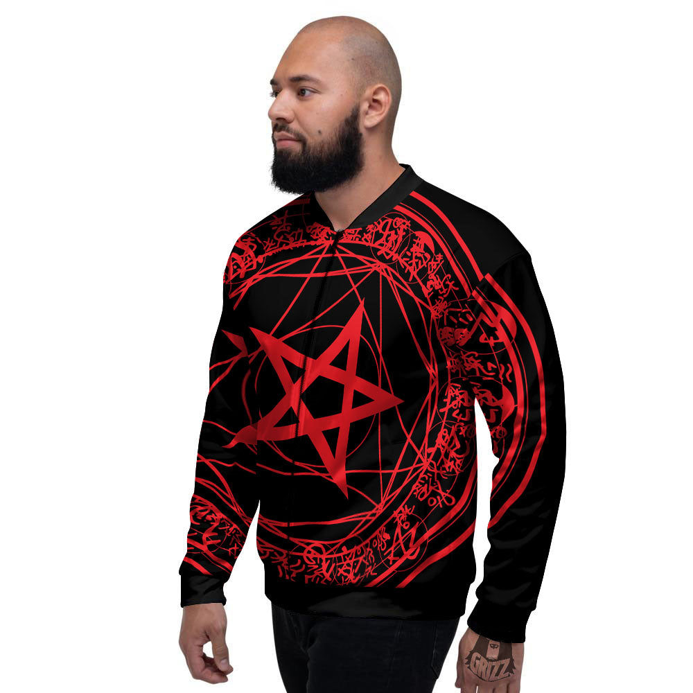 Satanic Pentagram Red And Black Print Men's Bomber Jacket-grizzshop