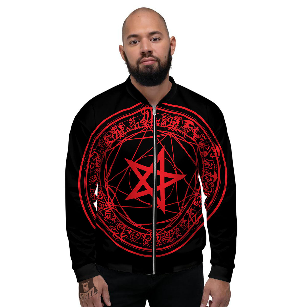 Satanic Pentagram Red And Black Print Men's Bomber Jacket-grizzshop