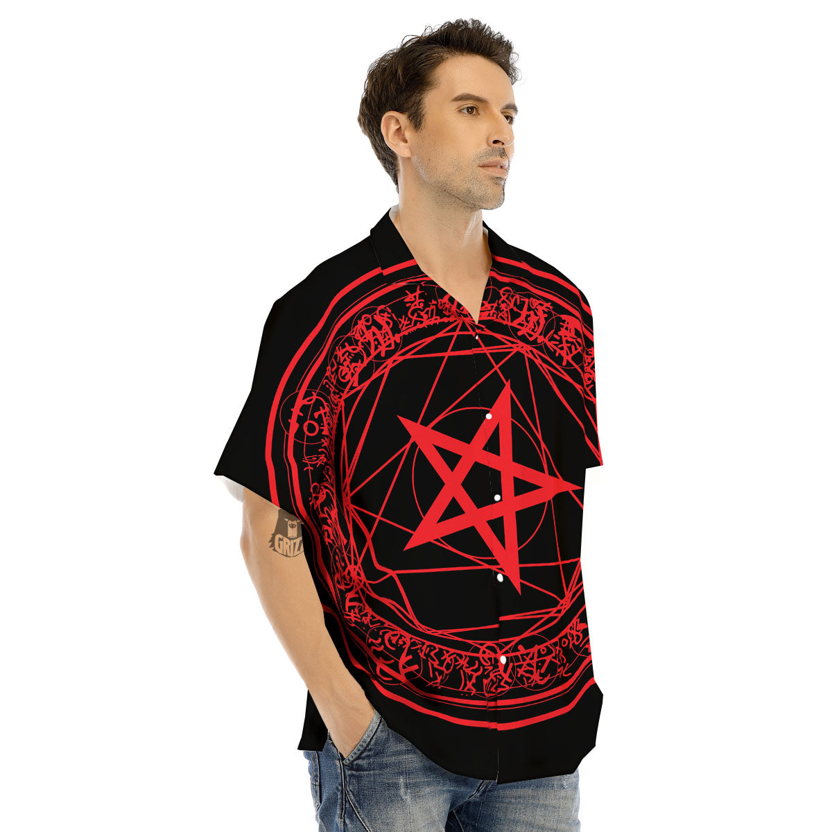 Satanic Pentagram Red And Black Print Men's Hawaiian Shirt-grizzshop