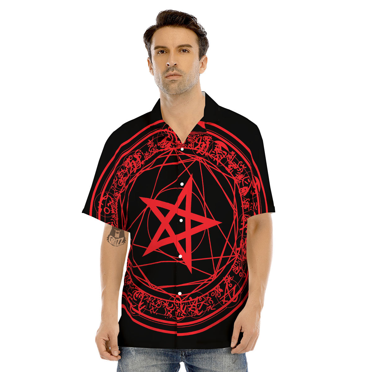 Satanic Pentagram Red And Black Print Men's Hawaiian Shirt-grizzshop