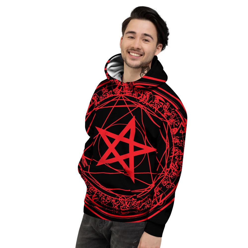 Satanic Pentagram Red And Black Print Men's Hoodie-grizzshop