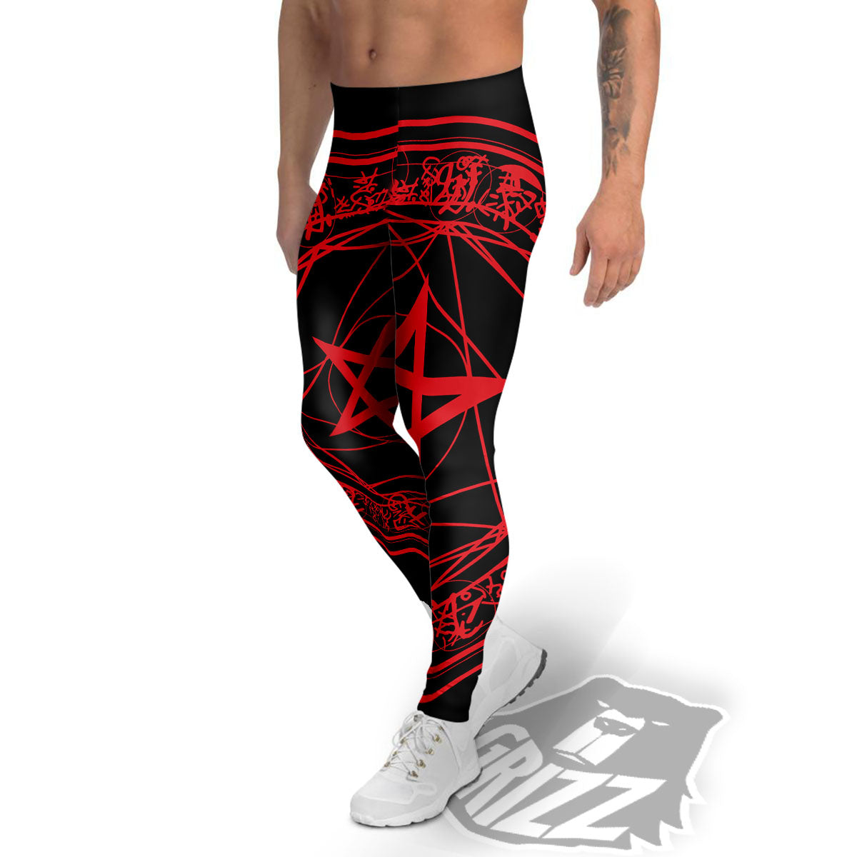 Satanic Pentagram Red And Black Print Men's Leggings-grizzshop