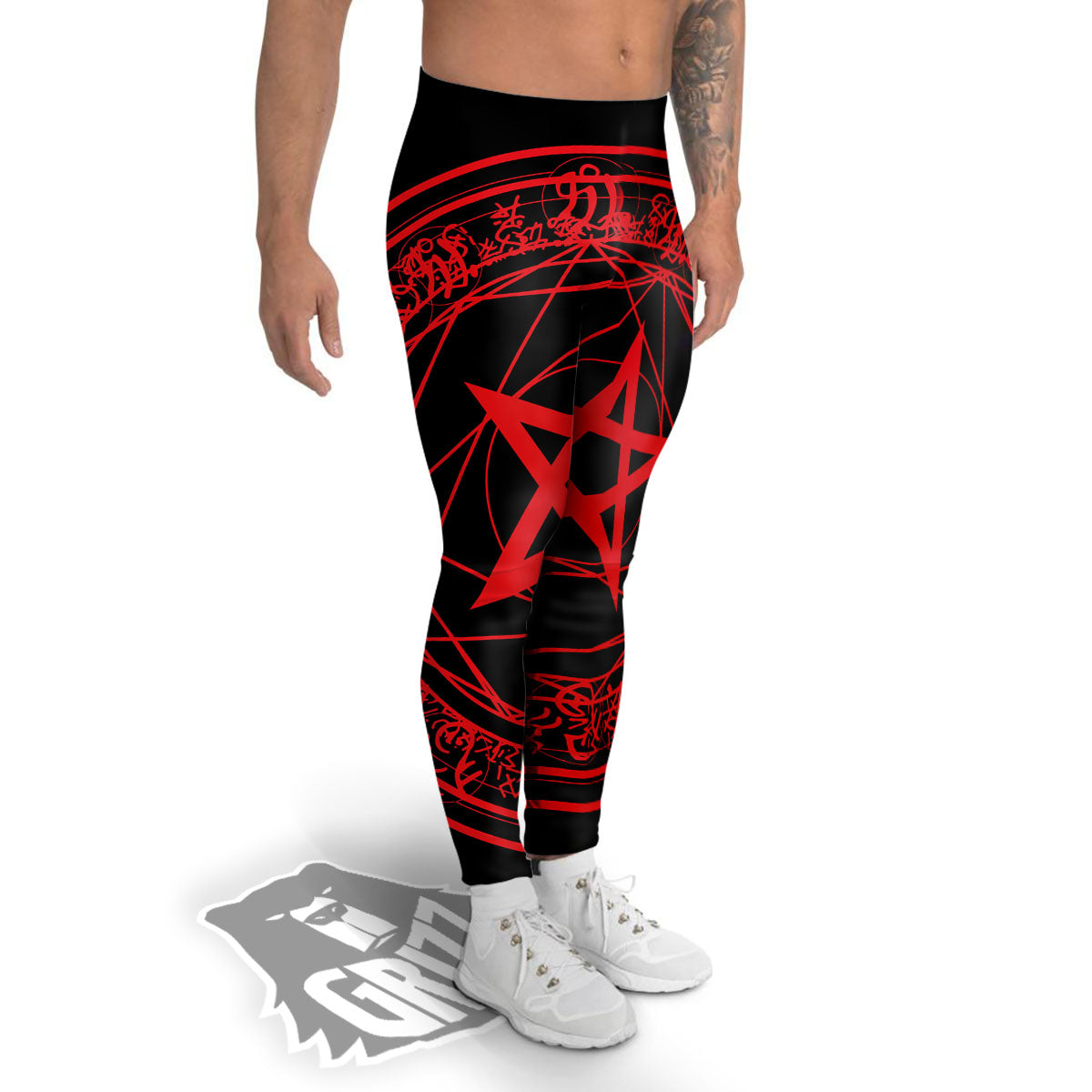 Satanic Pentagram Red And Black Print Men's Leggings-grizzshop