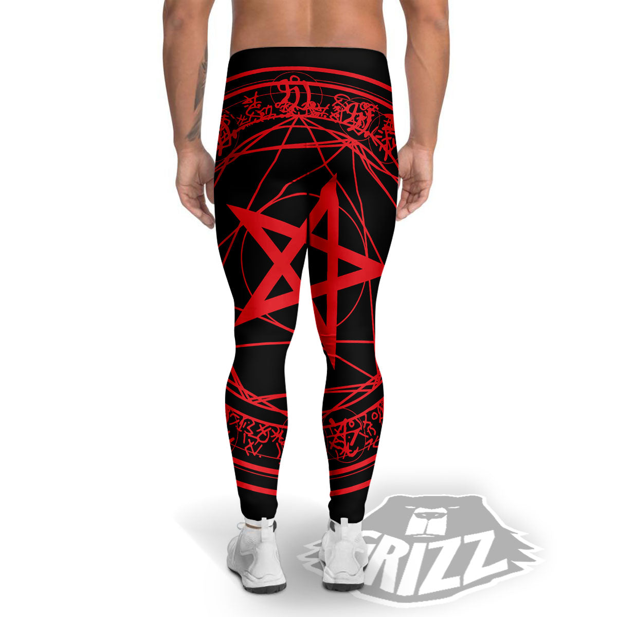 Satanic Pentagram Red And Black Print Men's Leggings-grizzshop