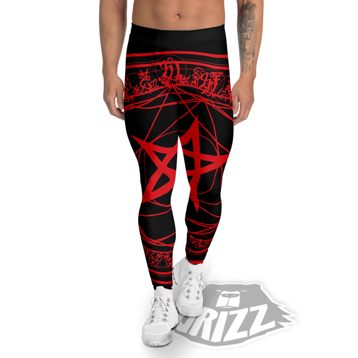 Satanic Pentagram Red And Black Print Men's Leggings-grizzshop