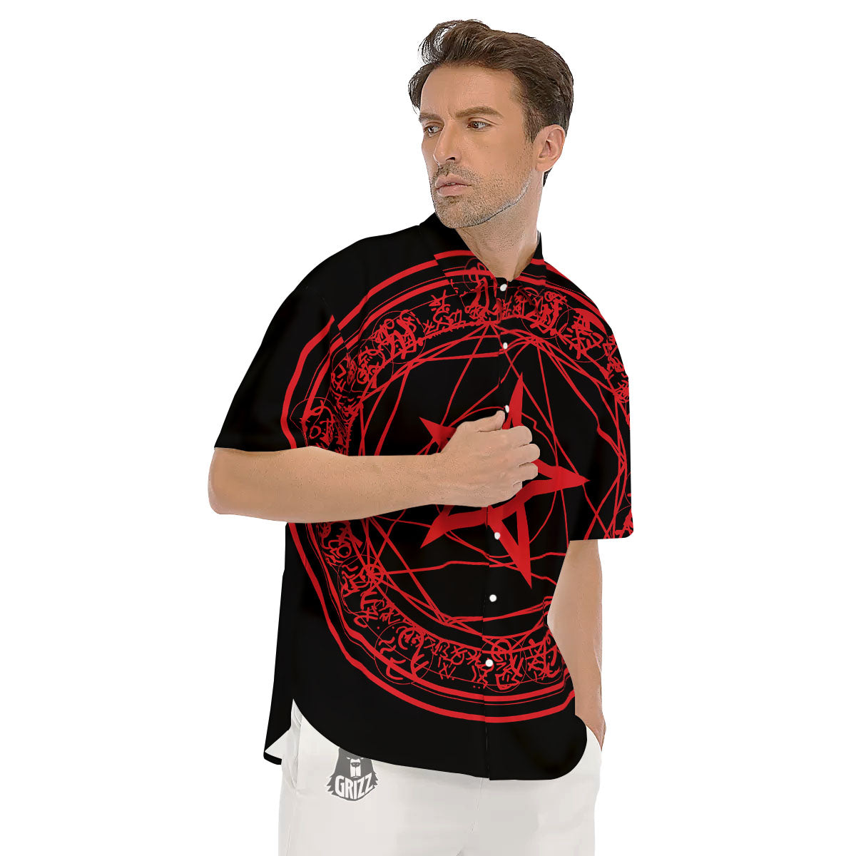 Satanic Pentagram Red And Black Print Men's Short Sleeve Shirts-grizzshop