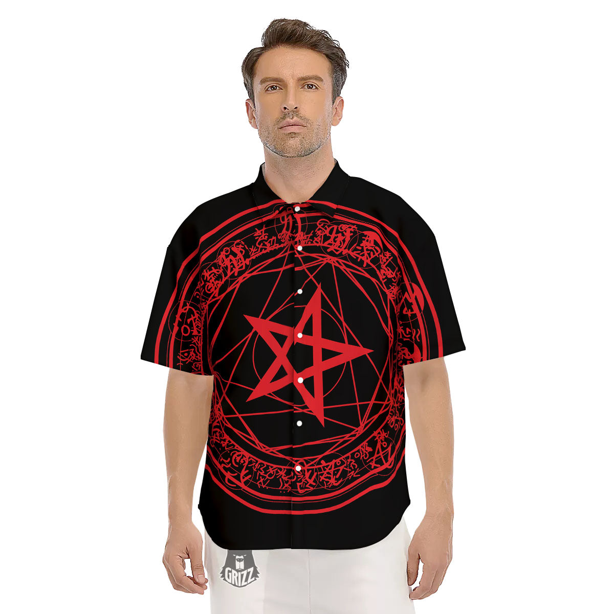 Satanic Pentagram Red And Black Print Men's Short Sleeve Shirts-grizzshop