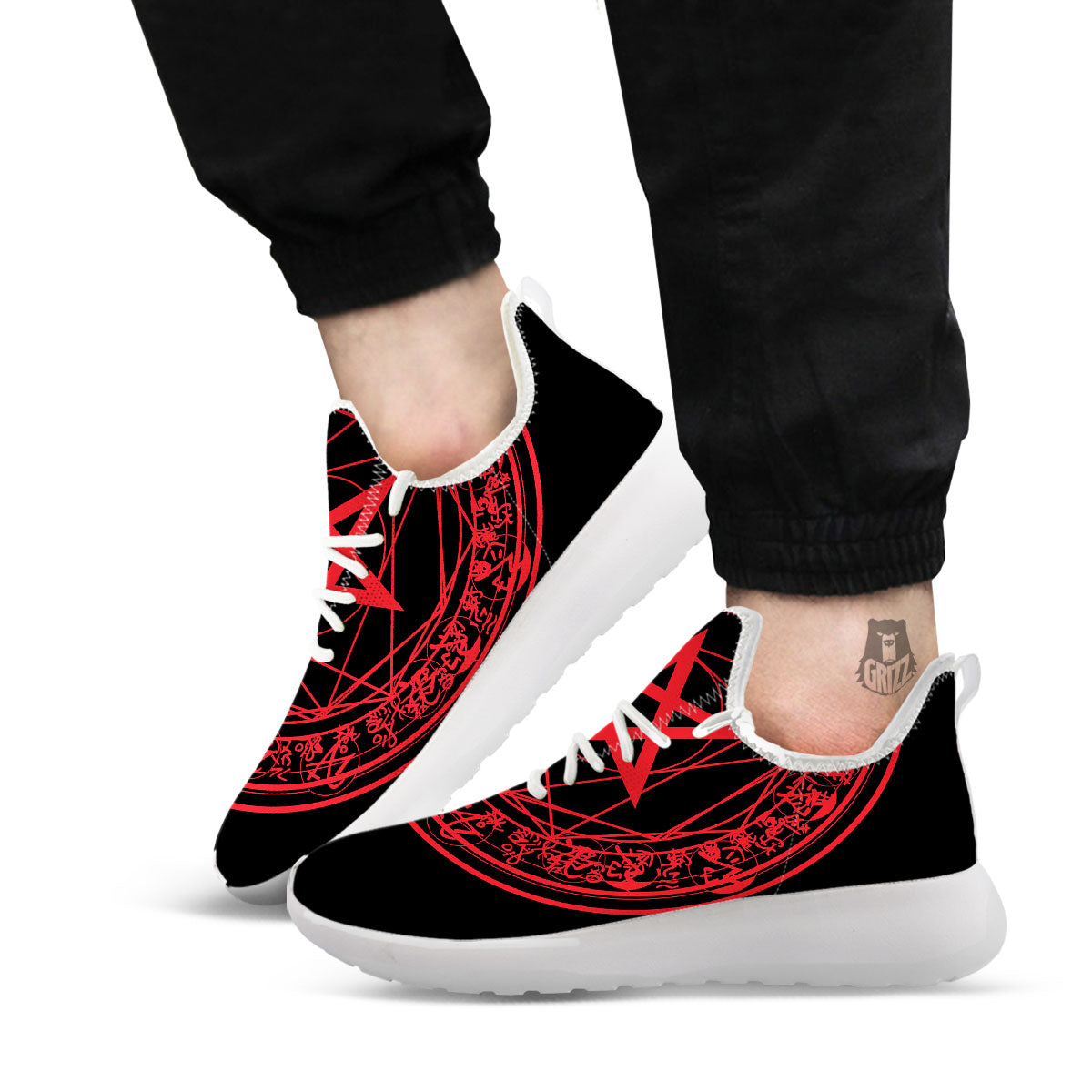 Satanic Pentagram Red And Black Print White Athletic Shoes-grizzshop