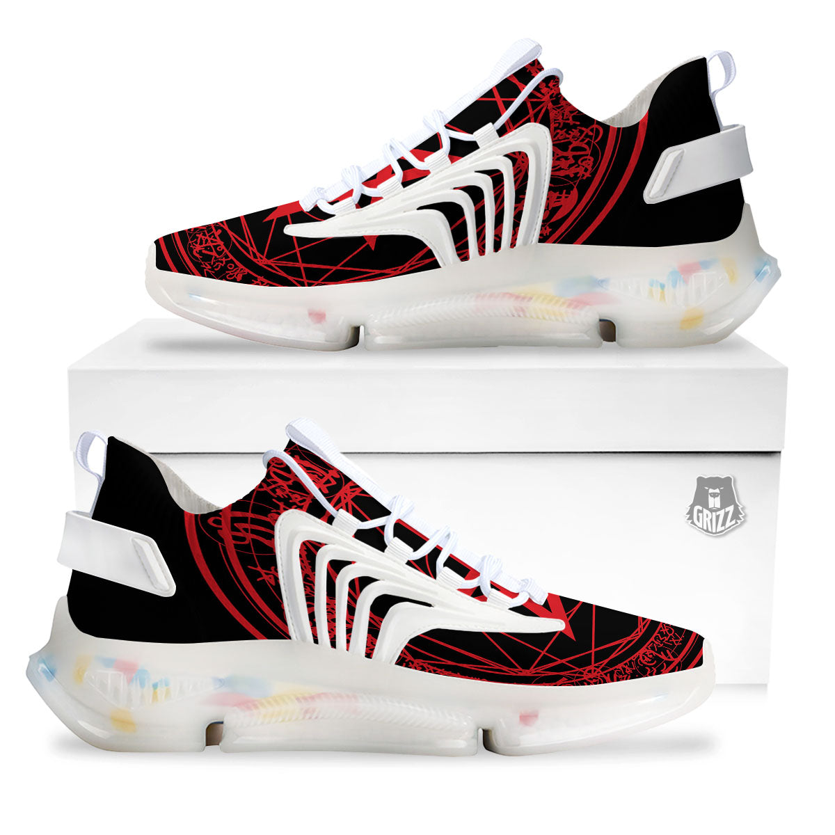 Satanic Pentagram Red And Black Print White Gym Shoes-grizzshop