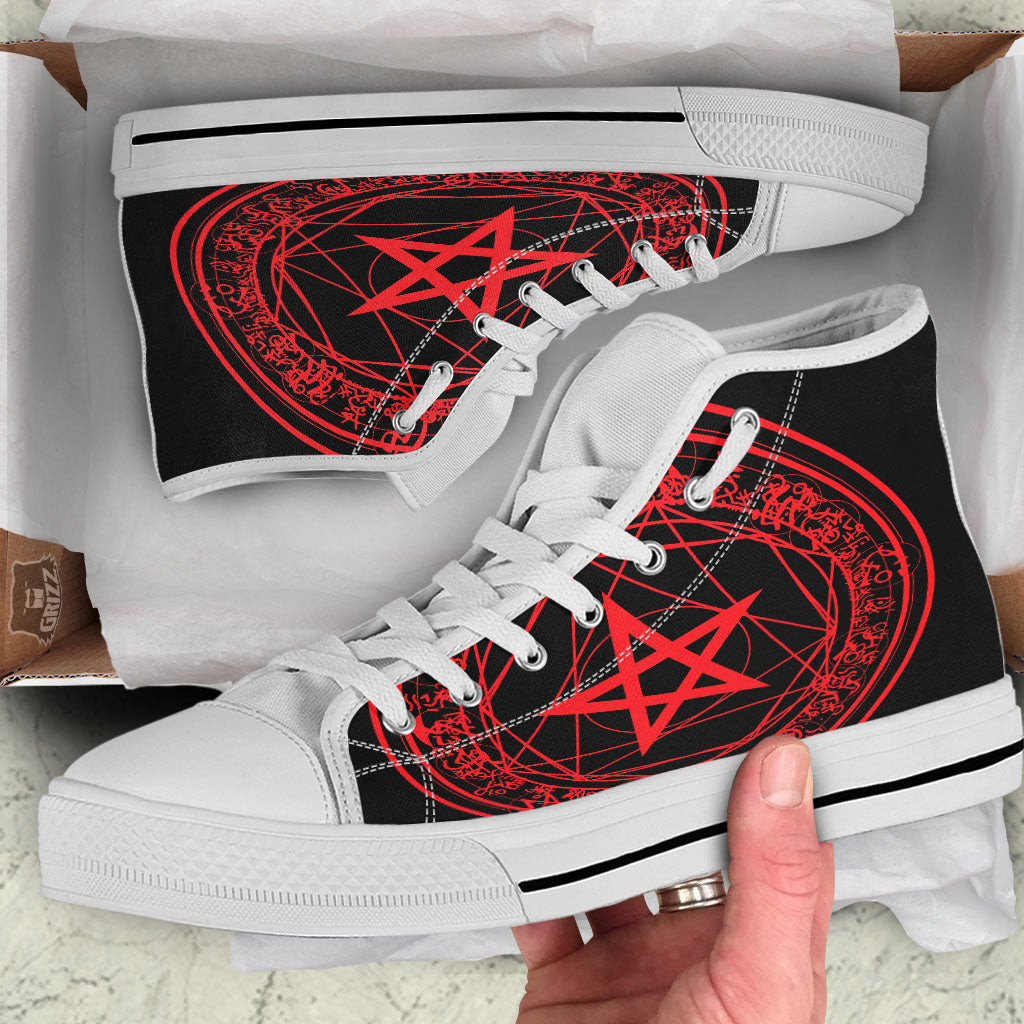 Satanic Pentagram Red And Black Print White High Top Shoes-grizzshop
