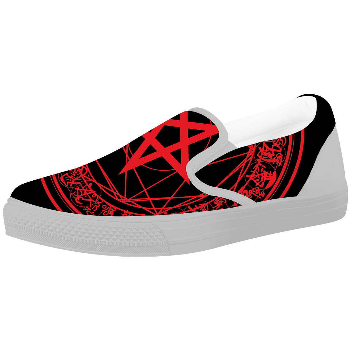 Satanic Pentagram Red And Black Print White Slip On Shoes-grizzshop