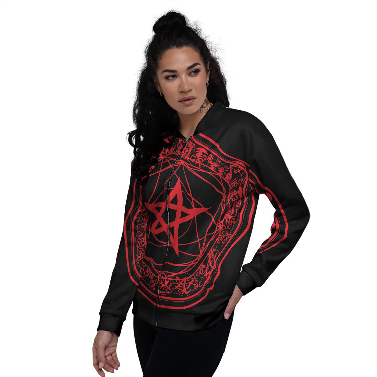 Satanic Pentagram Red And Black Print Women's Bomber Jacket-grizzshop