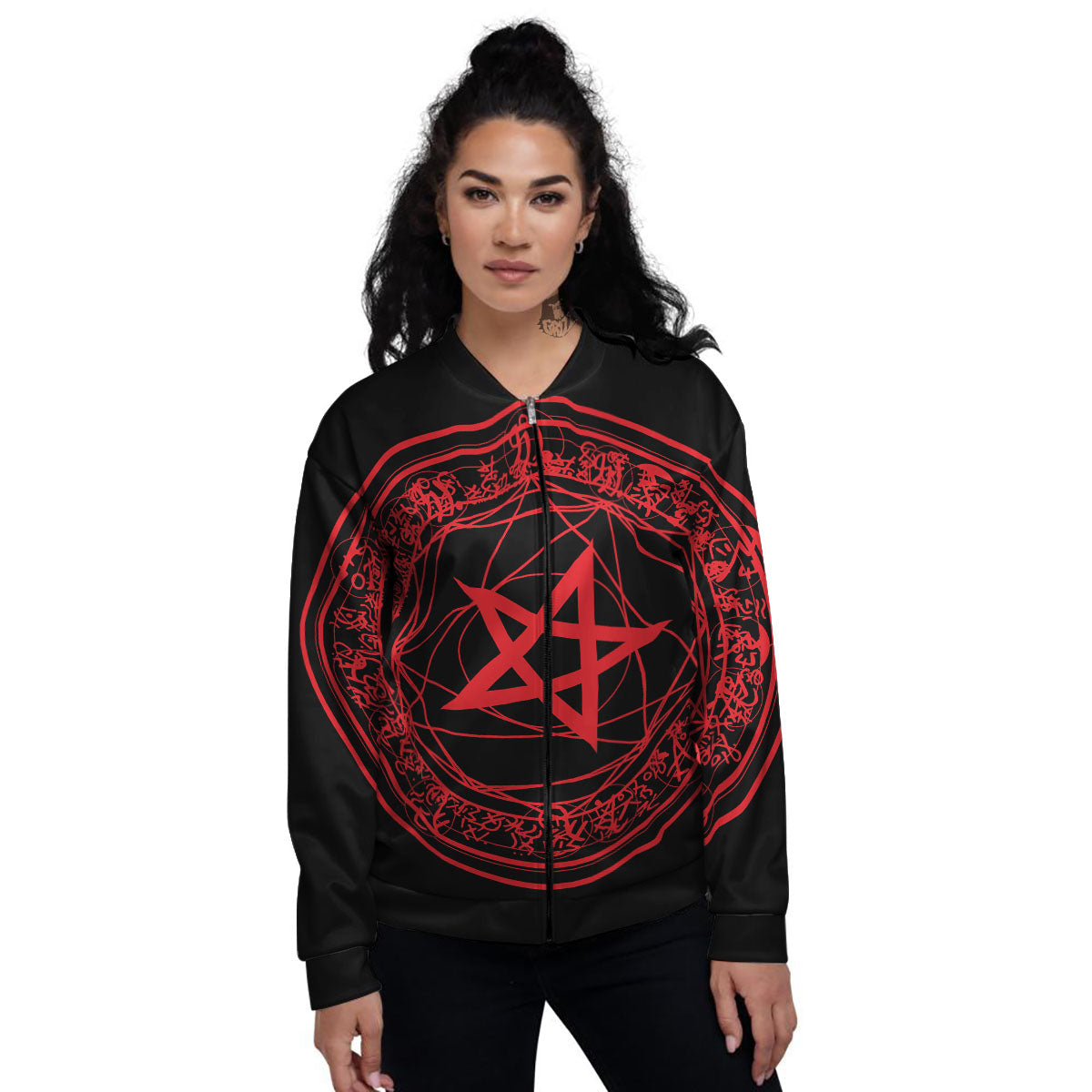Satanic Pentagram Red And Black Print Women's Bomber Jacket-grizzshop