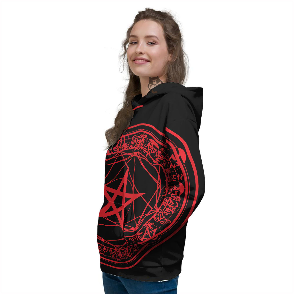 Satanic Pentagram Red And Black Print Women's Hoodie-grizzshop
