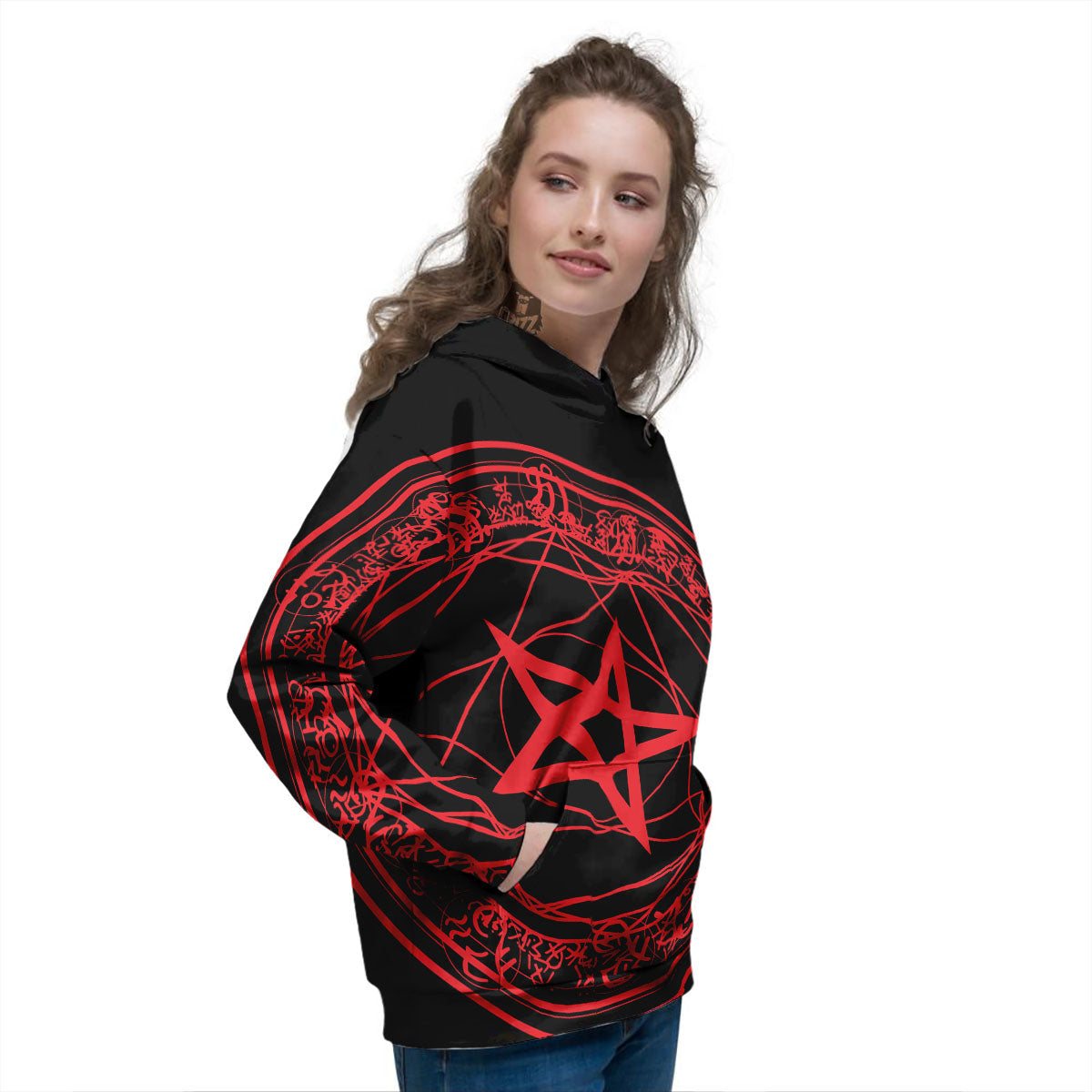 Satanic Pentagram Red And Black Print Women's Hoodie-grizzshop