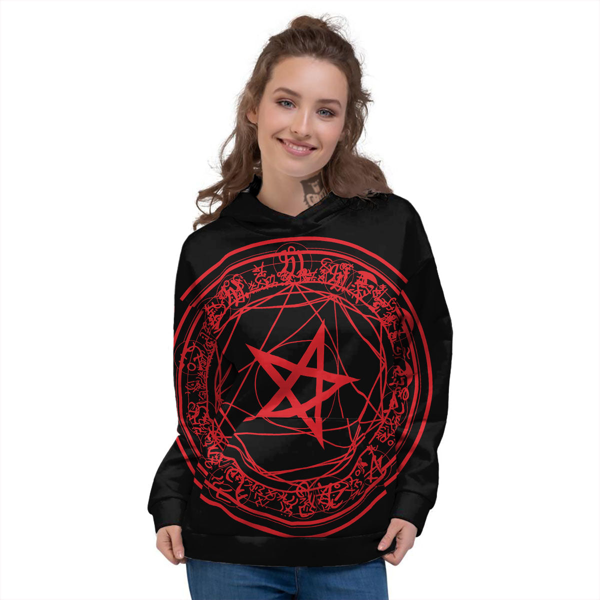 Satanic Pentagram Red And Black Print Women's Hoodie-grizzshop
