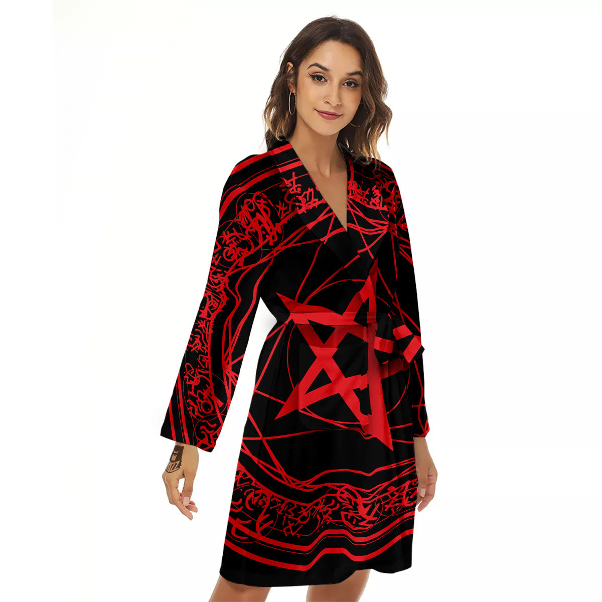 Satanic Pentagram Red And Black Print Women's Robe-grizzshop