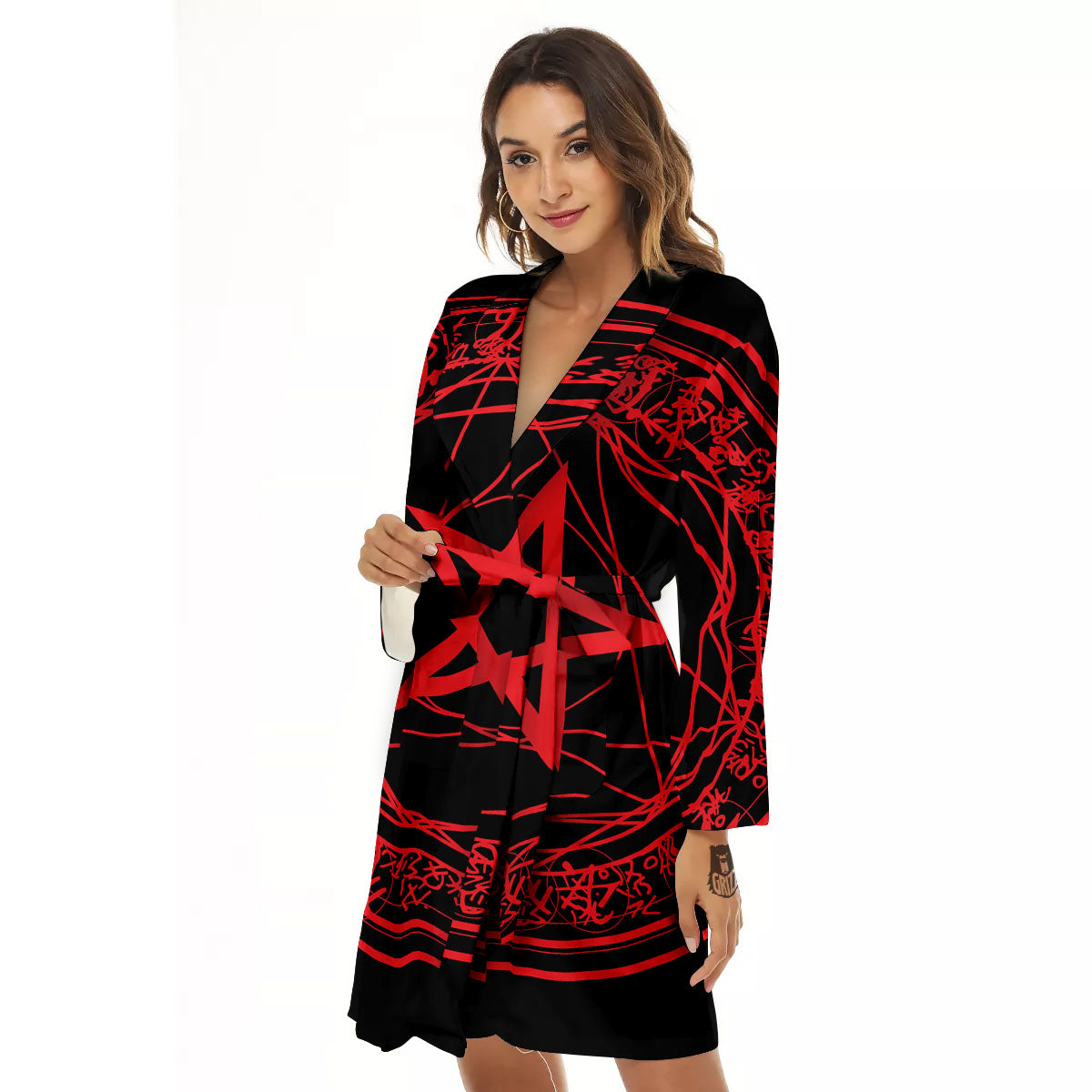 Satanic Pentagram Red And Black Print Women's Robe-grizzshop