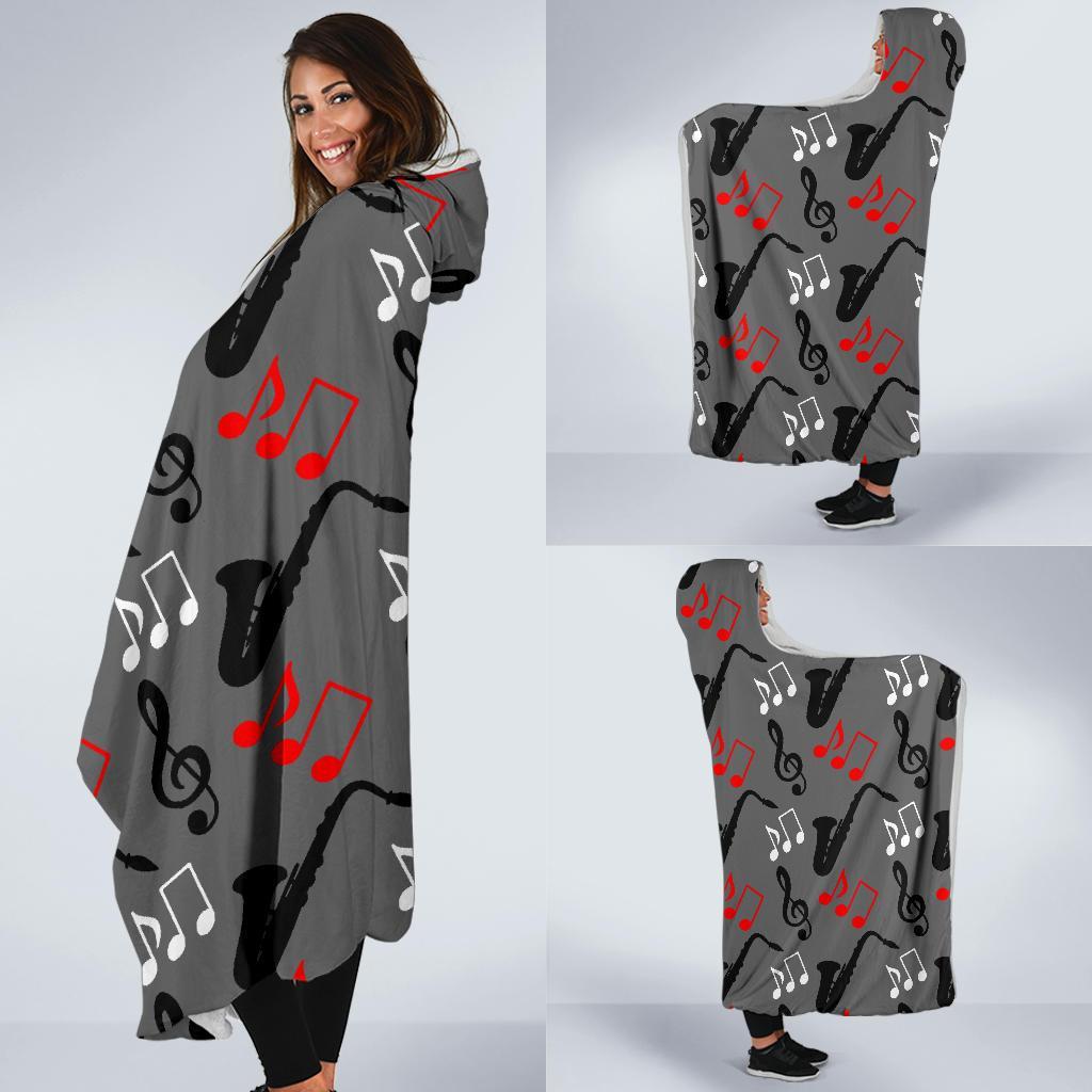 Saxophone Pattern Print Hooded Blanket-grizzshop