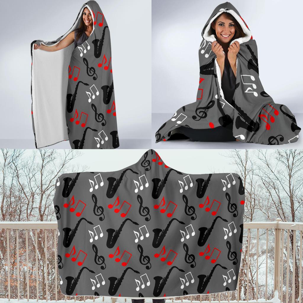 Saxophone Pattern Print Hooded Blanket-grizzshop