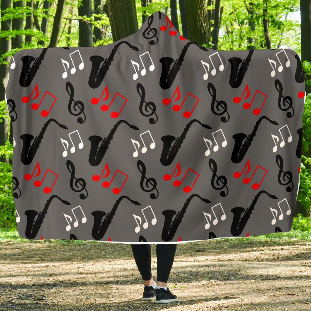 Saxophone Pattern Print Hooded Blanket-grizzshop