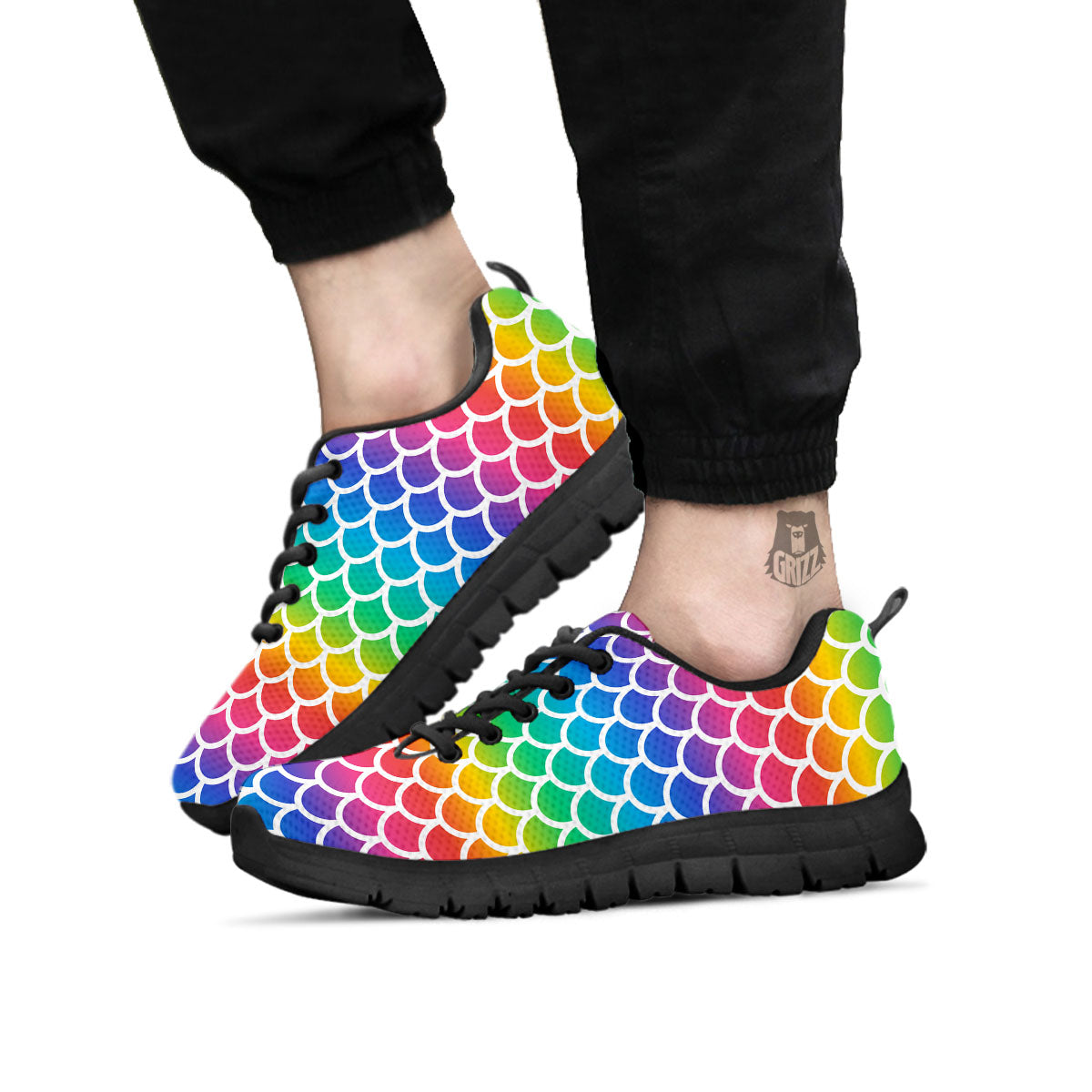 Scale Rainbow Mermaid Print Pattern Black Sneaker-grizzshop