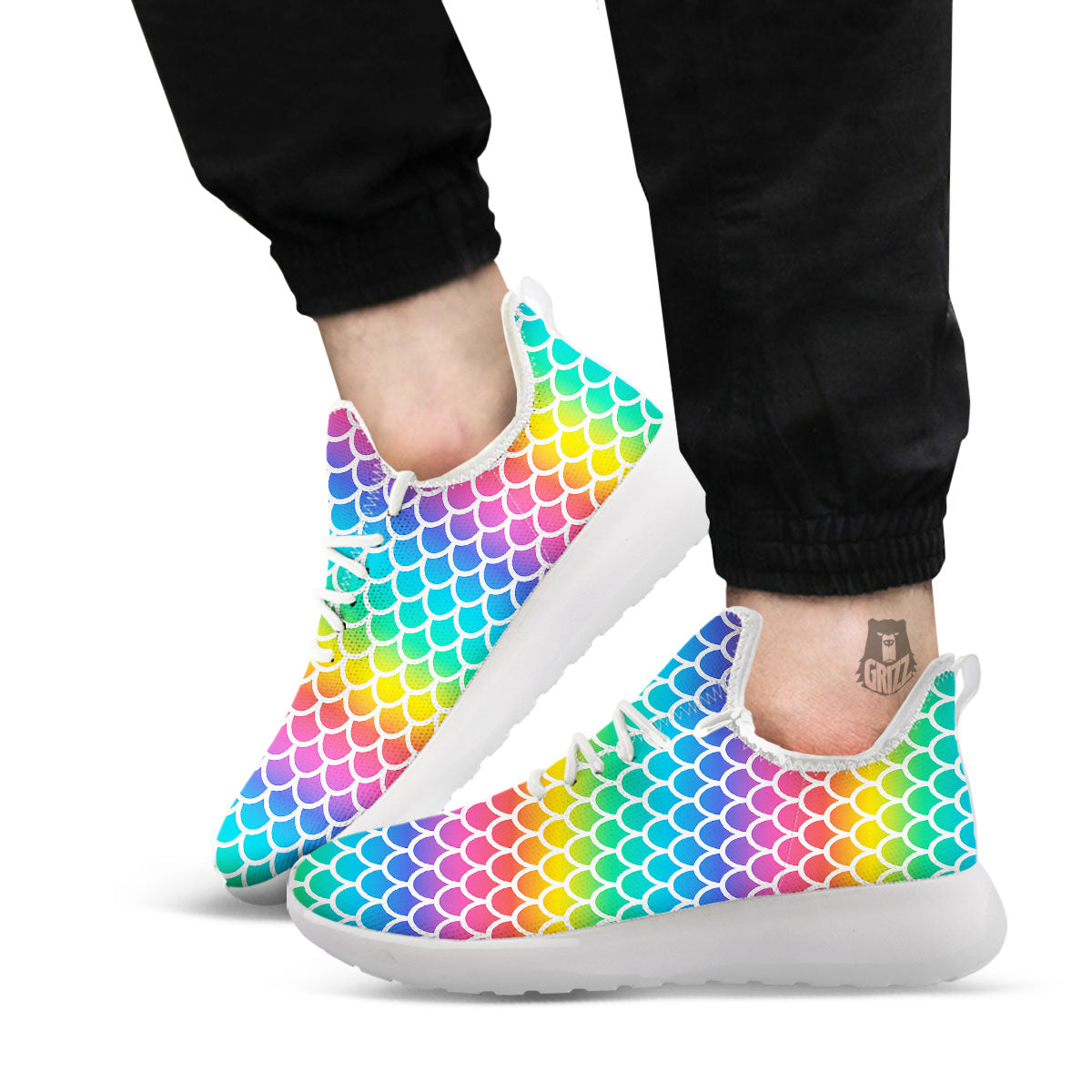 Scale Rainbow Mermaid Print Pattern White Athletic Shoes-grizzshop