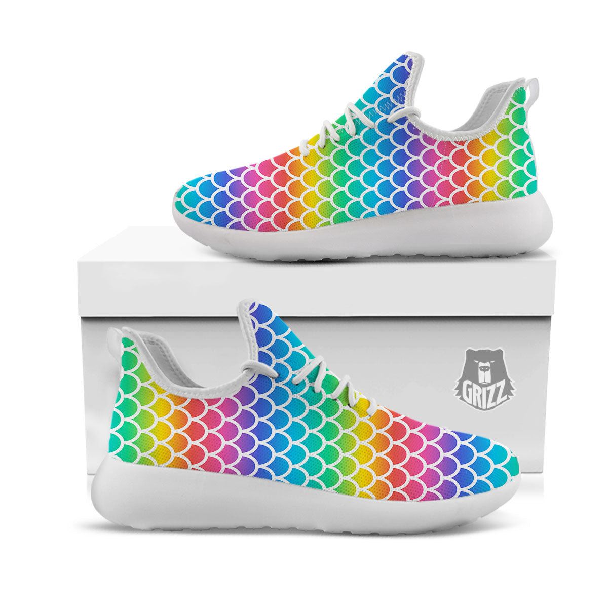 Scale Rainbow Mermaid Print Pattern White Athletic Shoes-grizzshop