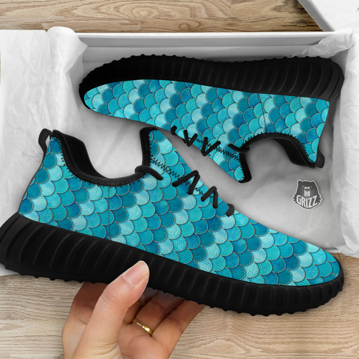 Scales Mermaid Blue Print Pattern Black Walking Shoes-grizzshop