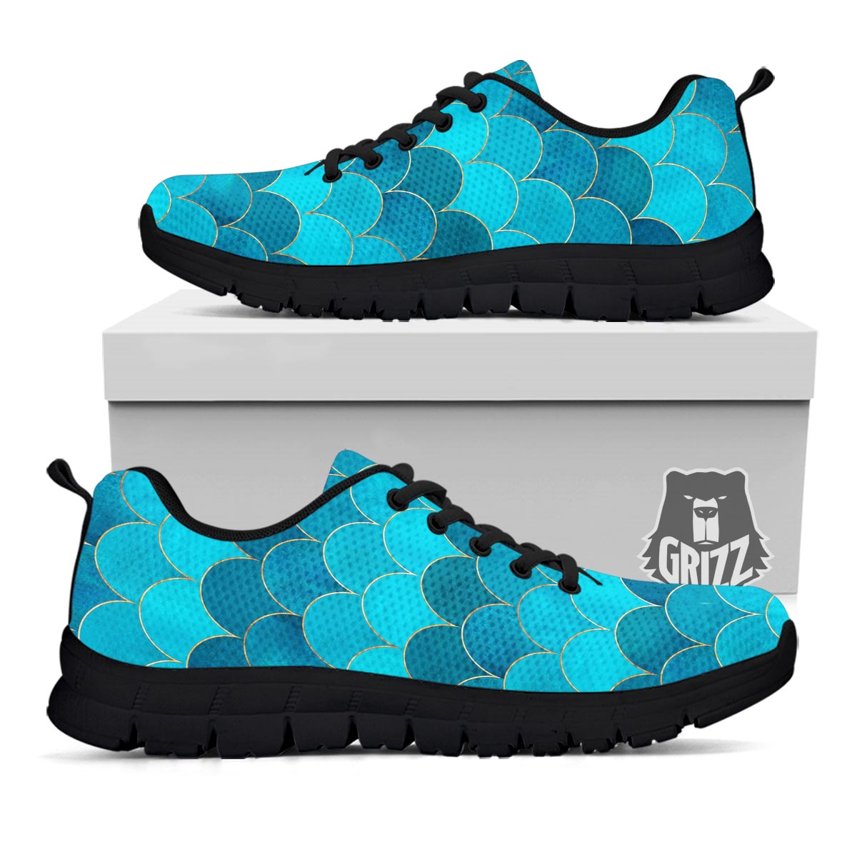 Scales Teal Mermaid Print Pattern Black Sneaker-grizzshop