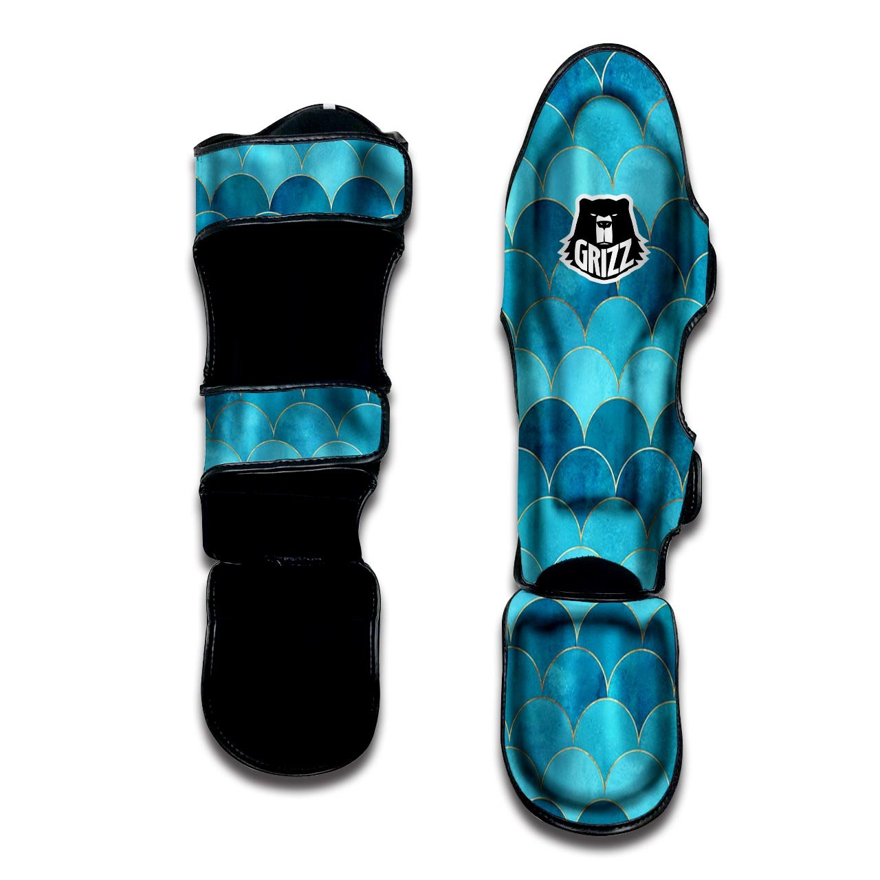 Scales Teal Mermaid Print Pattern Muay Thai Shin Guards-grizzshop