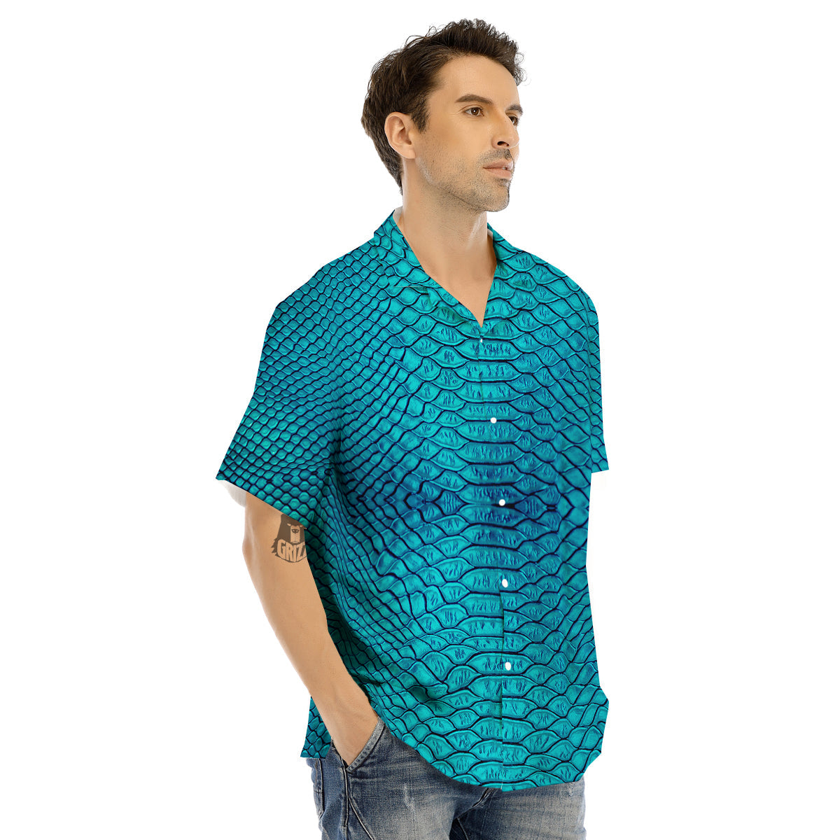Scales Turquoise Snake Print Pattern Men's Hawaiian Shirt-grizzshop