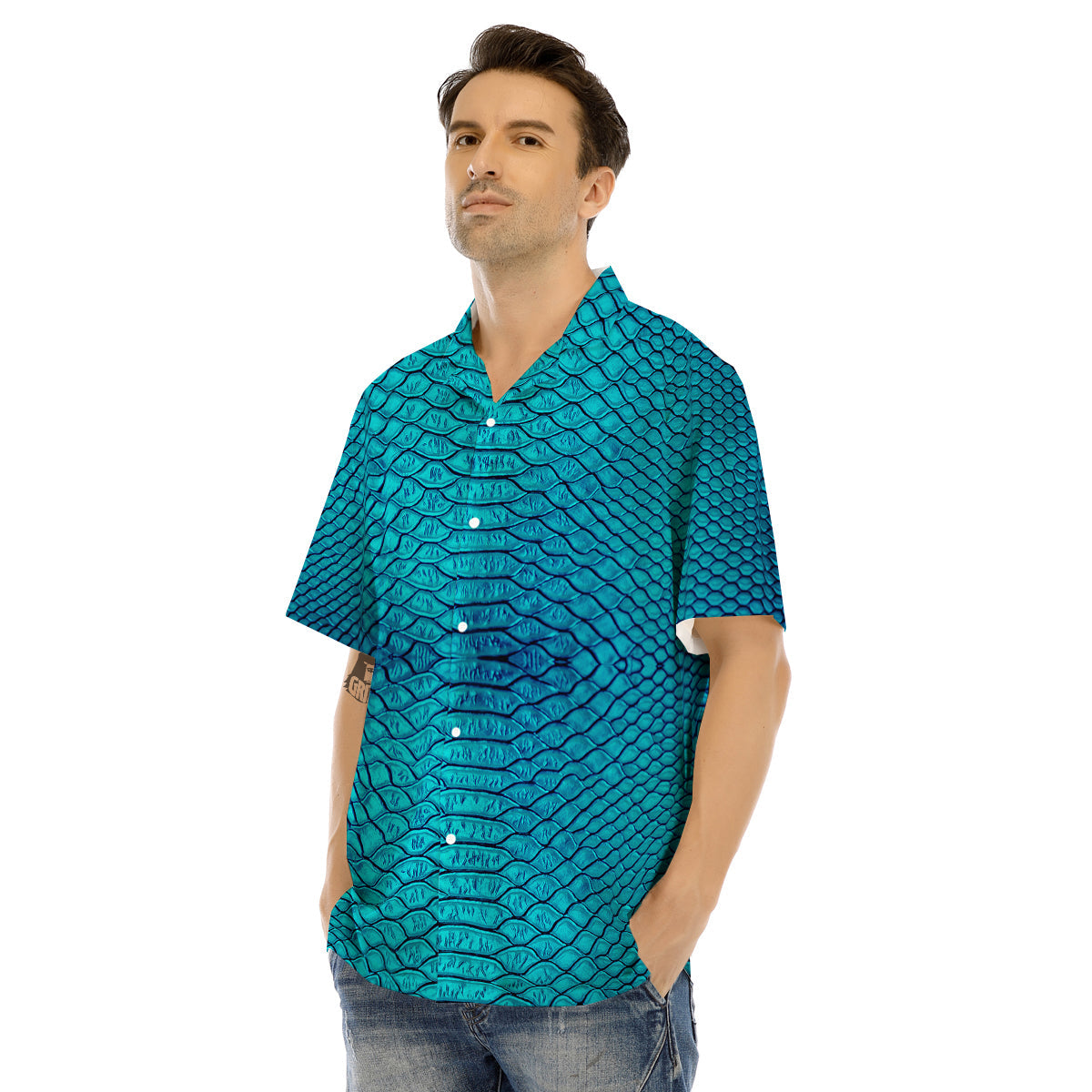 Scales Turquoise Snake Print Pattern Men's Hawaiian Shirt-grizzshop