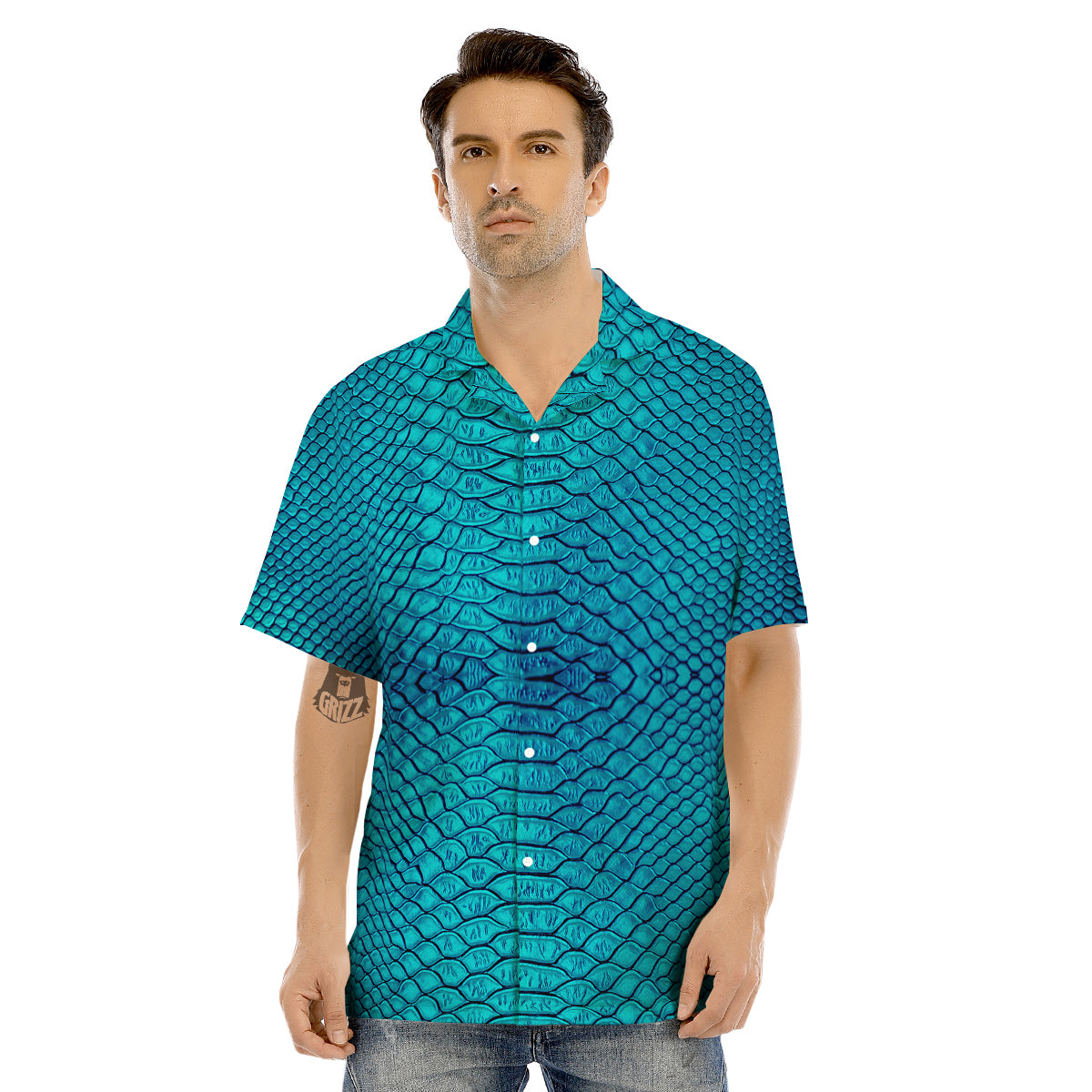 Scales Turquoise Snake Print Pattern Men's Hawaiian Shirt-grizzshop