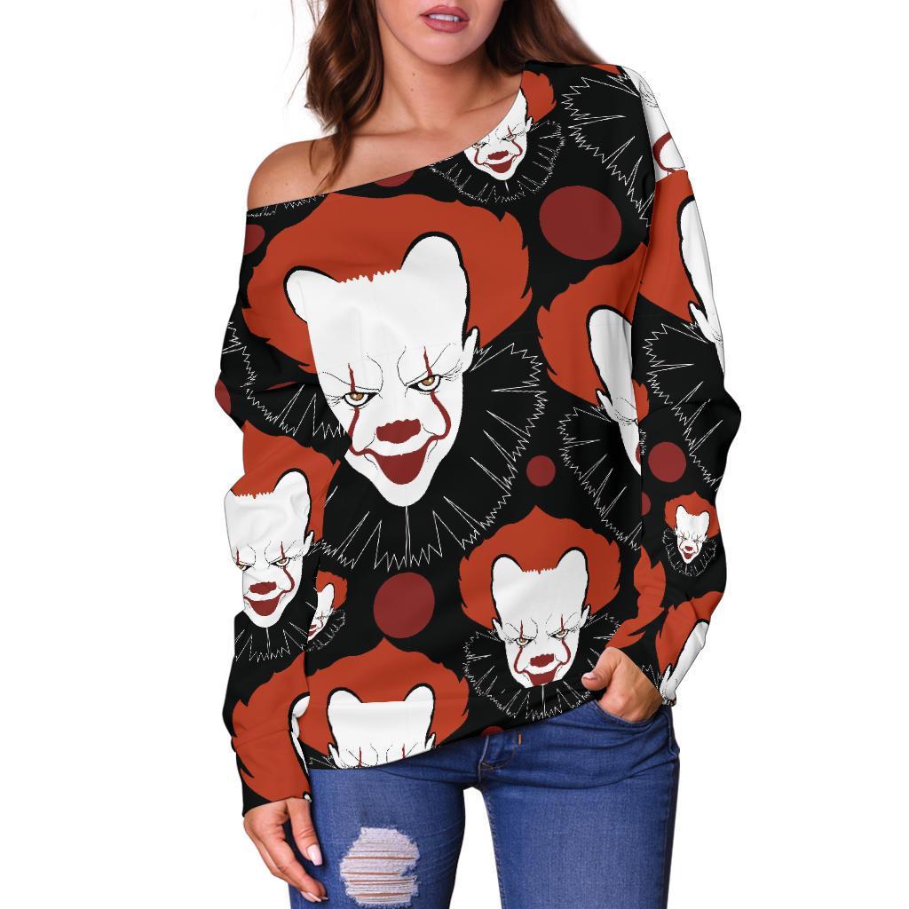 Scary Clown Pattern Print Women Off Shoulder Sweatshirt-grizzshop