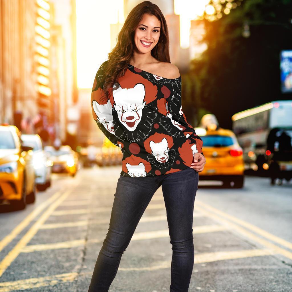 Scary Clown Pattern Print Women Off Shoulder Sweatshirt-grizzshop