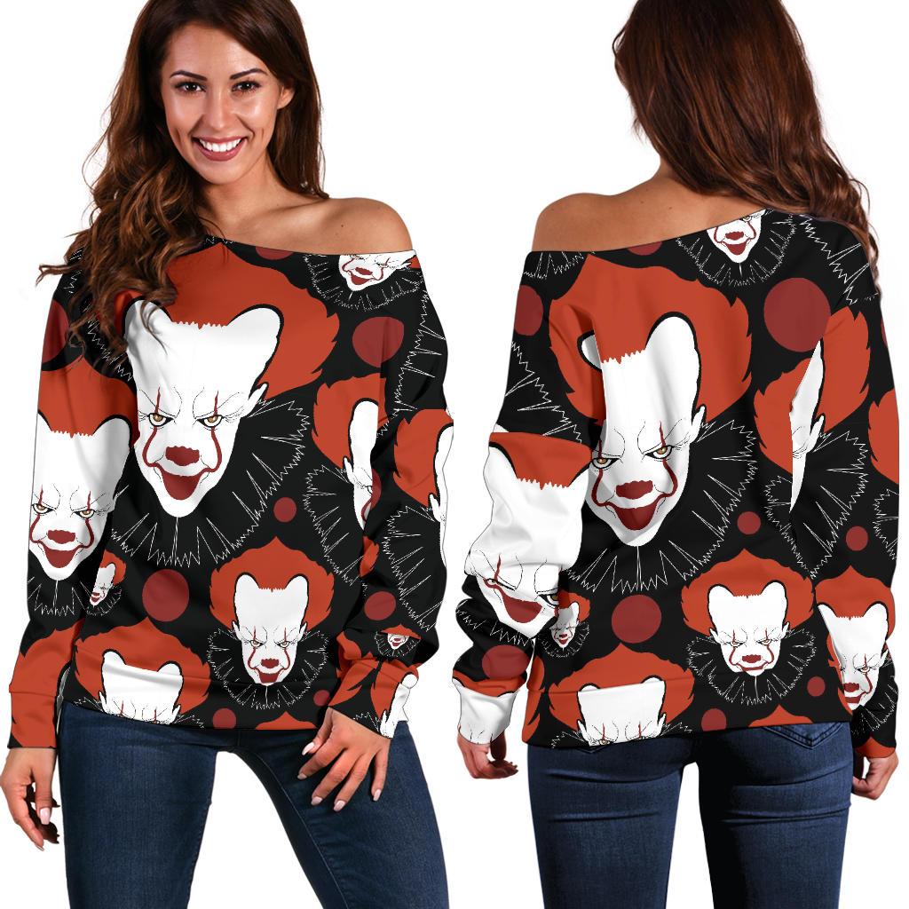 Scary Clown Pattern Print Women Off Shoulder Sweatshirt-grizzshop