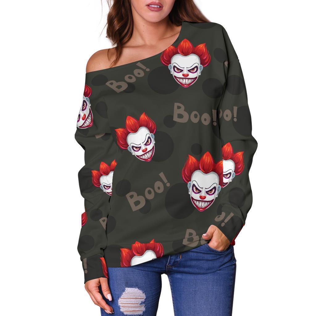 Scary Clown Print Pattern Women Off Shoulder Sweatshirt-grizzshop