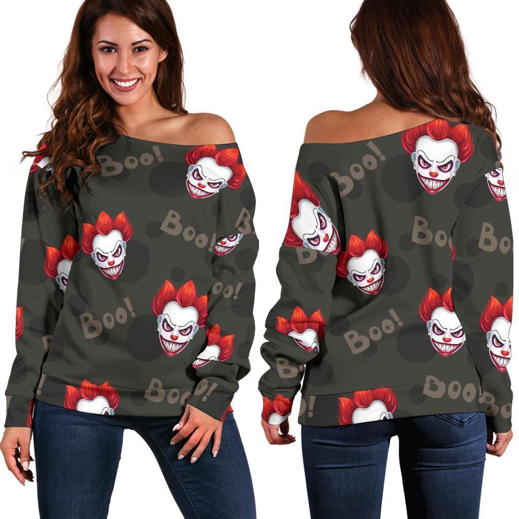 Scary Clown Print Pattern Women Off Shoulder Sweatshirt-grizzshop