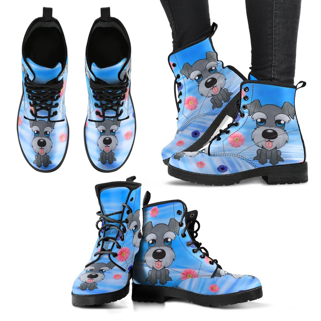 Schnauzer Blossoms Ladies Leather Look Boots-grizzshop