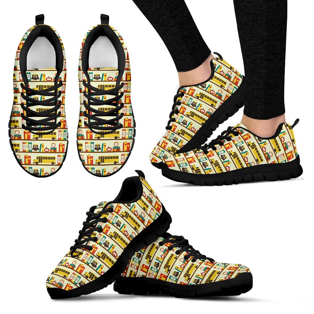 School Bus Print Pattern Black Sneaker Shoes For Men Women-grizzshop
