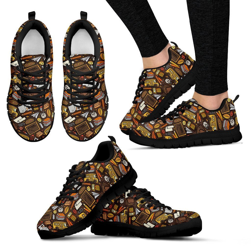 School Bus Teacher Pattern Print Black Sneaker Shoes For Men Women-grizzshop