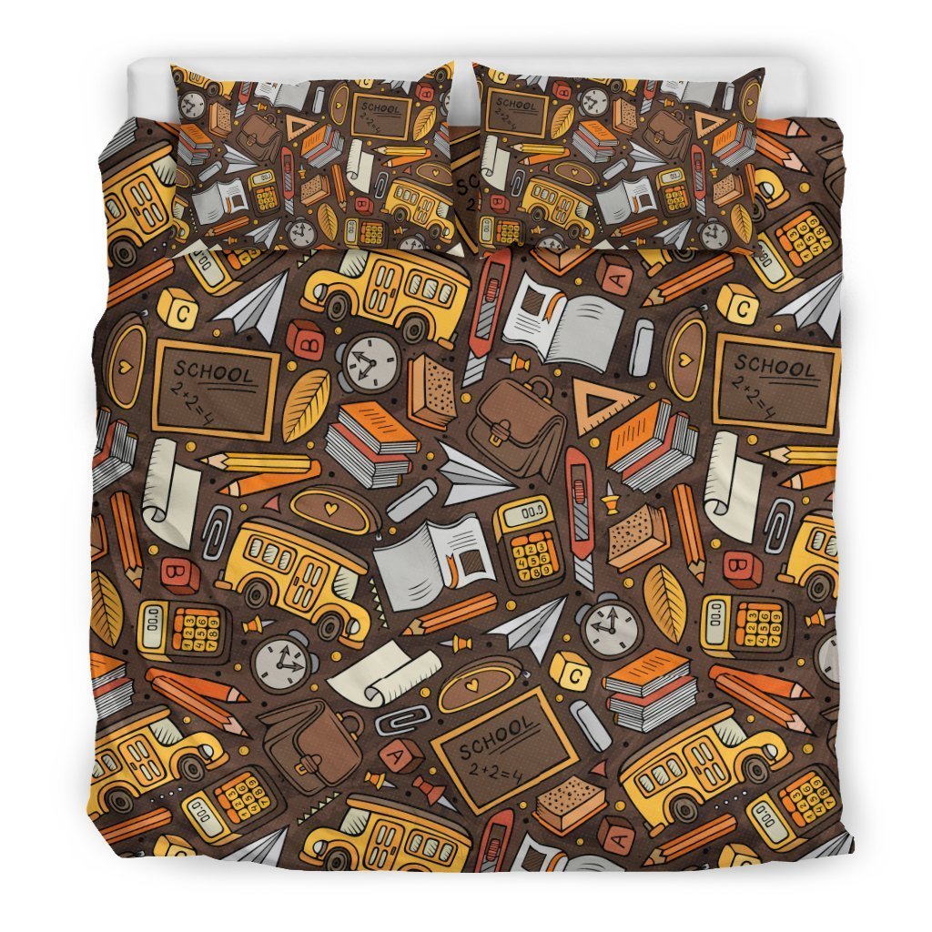 School Bus Teacher Pattern Print Duvet Cover Bedding Set-grizzshop