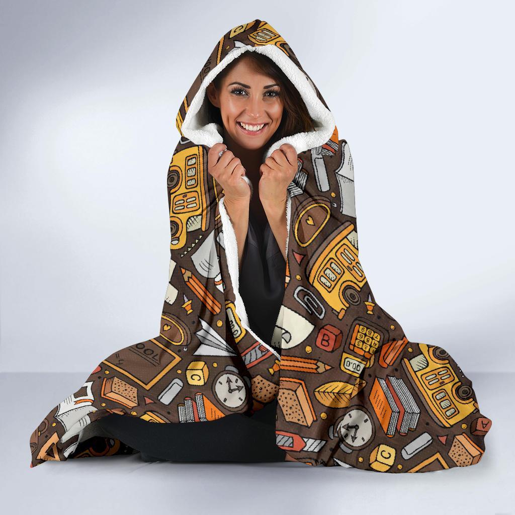 School Bus Teacher Pattern Print Hooded Blanket-grizzshop