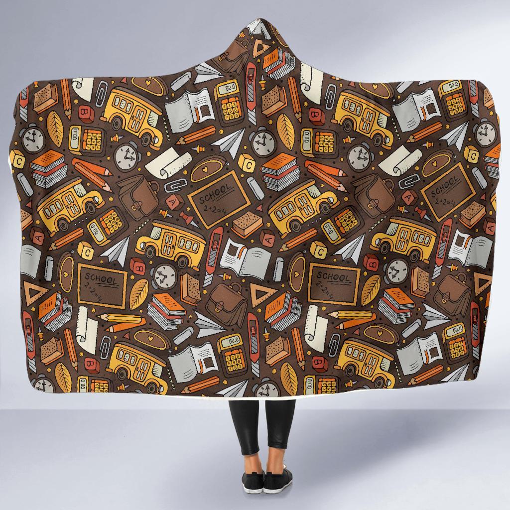 School Bus Teacher Pattern Print Hooded Blanket-grizzshop