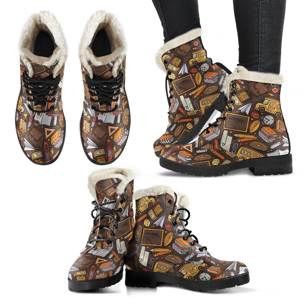 School Bus Teacher Pattern Print Comfy Winter Boots-grizzshop