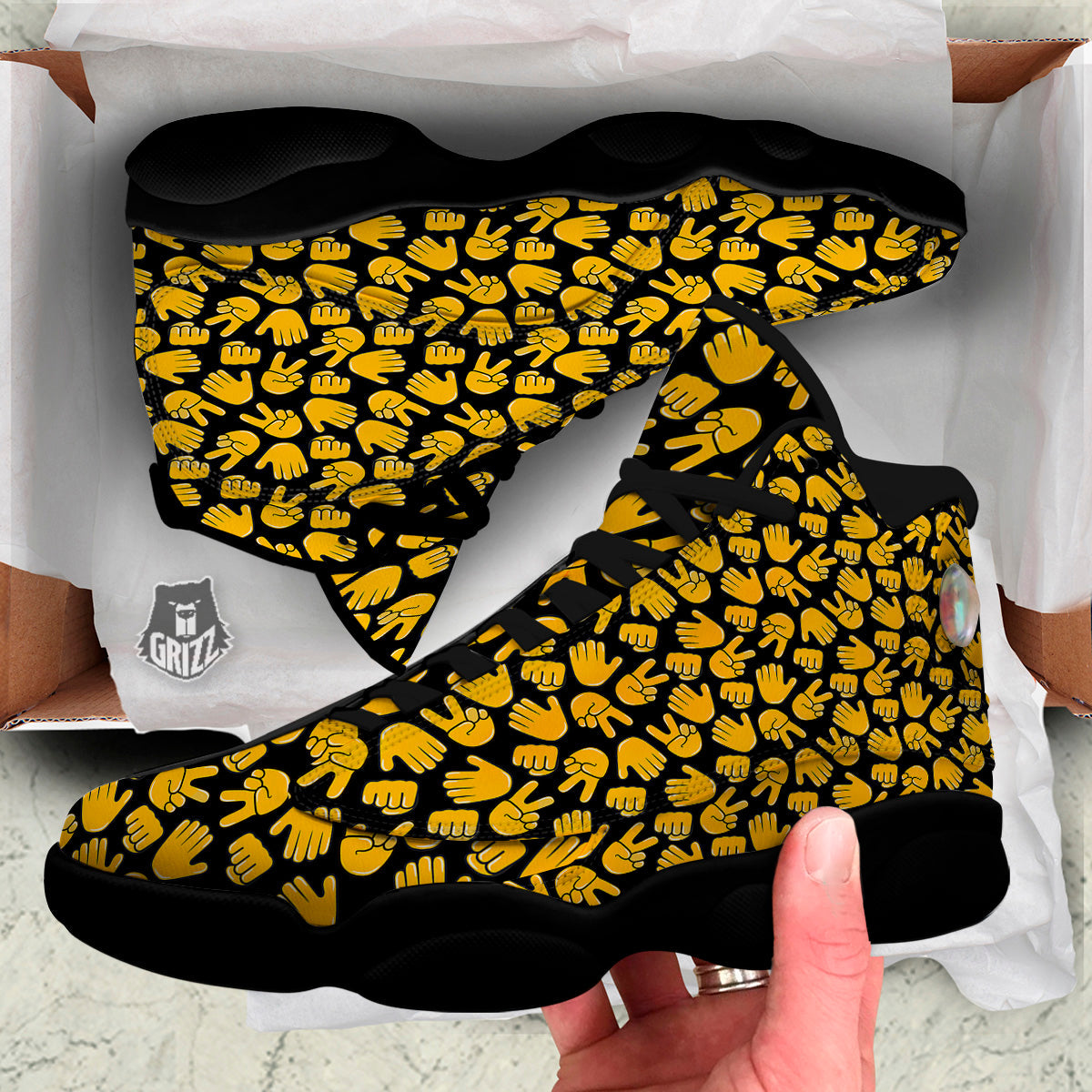 Scissors Paper Rock Emoji Print Pattern Black Basketball Shoes-grizzshop
