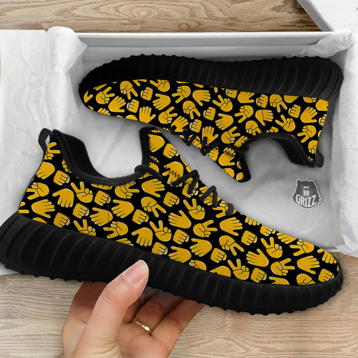Scissors Paper Rock Emoji Print Pattern Black Walking Shoes-grizzshop