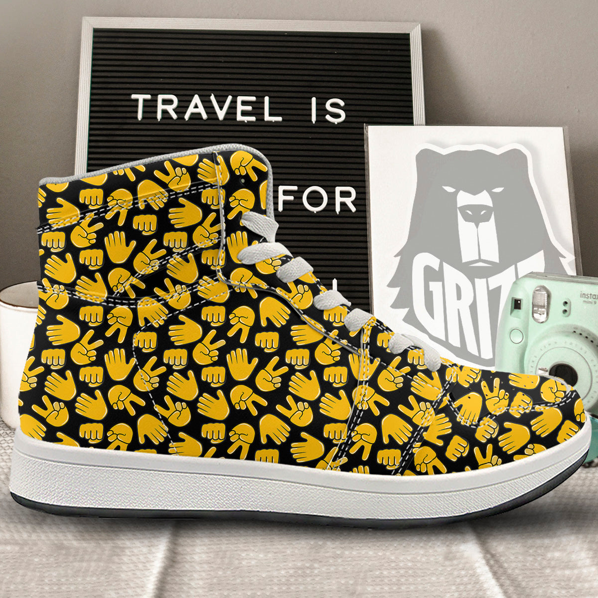 Scissors Paper Rock Emoji Print Pattern High Top Sneakers-grizzshop